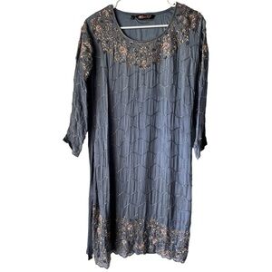 Marya Dolly Dress midi dress romantic long sleeve dark beaded blue  size L.